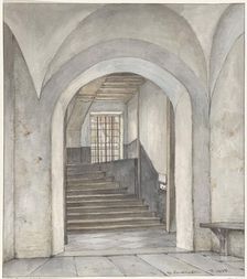 The stairs where Willem van Oranje was murdered, bullet holes and sign, 1835. Creator: Gerrit Lamberts