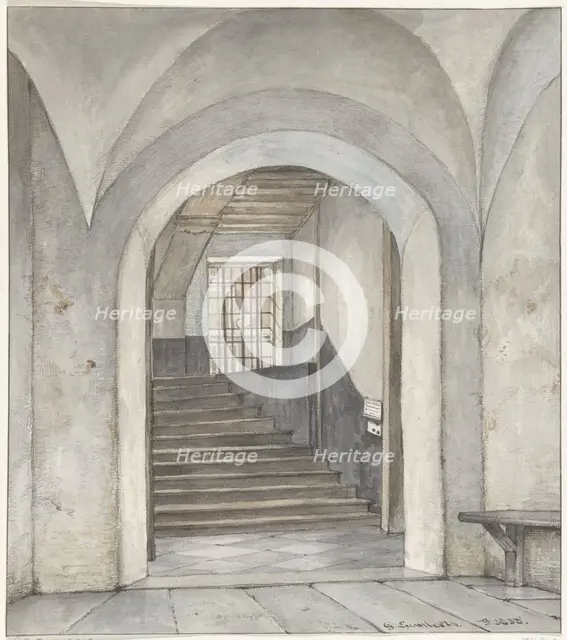 The stairs where Willem van Oranje was murdered, bullet holes and sign, 1835. Creator: Gerrit Lamberts.