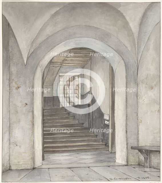 The stairs where Willem van Oranje was murdered, bullet holes and sign, 1835. Creator: Gerrit Lamberts.