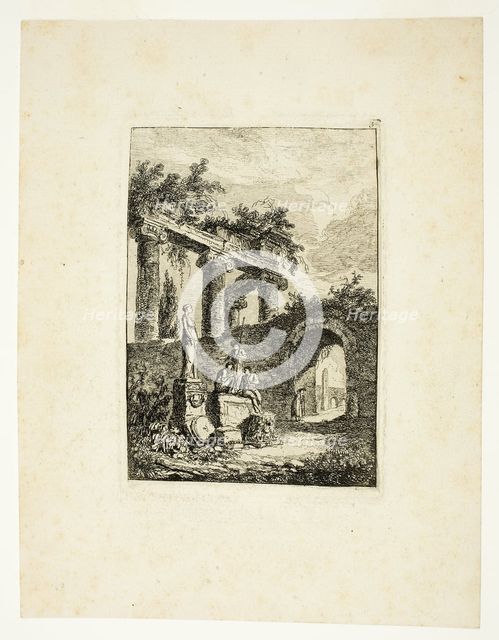 The Statue before the Ruins, plate three from Les Soirées de Rome, 1763/64. Creator: Hubert Robert.