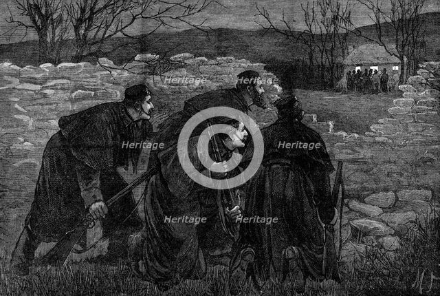 The State of Ireland: "Captain Moonlight" surprised by a police patrol, 1881. Creator: Unknown.
