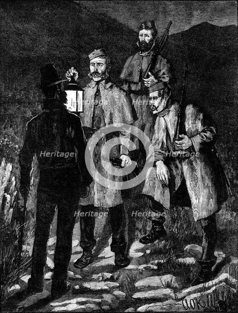 The State of Ireland: police patrol challenging a suspected person, 1881. Creator: Unknown.