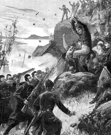 The State of Ireland: the affray at Belmullet, County Mayo, from a sketch by A. O'Kelly, 1881. Creator: William James Palmer