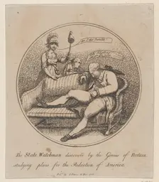 The State Watchman Discovered by the Genius of Britain Studying Plans for the..., December 10, 1781. Creator: Thomas Rowlandson