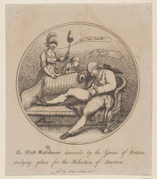 The State Watchman Discovered by the Genius of Britain Studying Plans for the..., December 10, 1781. Creator: Thomas Rowlandson
