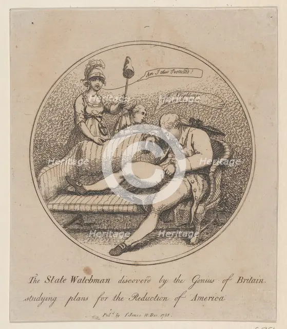 The State Watchman Discovered by the Genius of Britain Studying Plans for the..., December 10, 1781. Creator: Thomas Rowlandson.