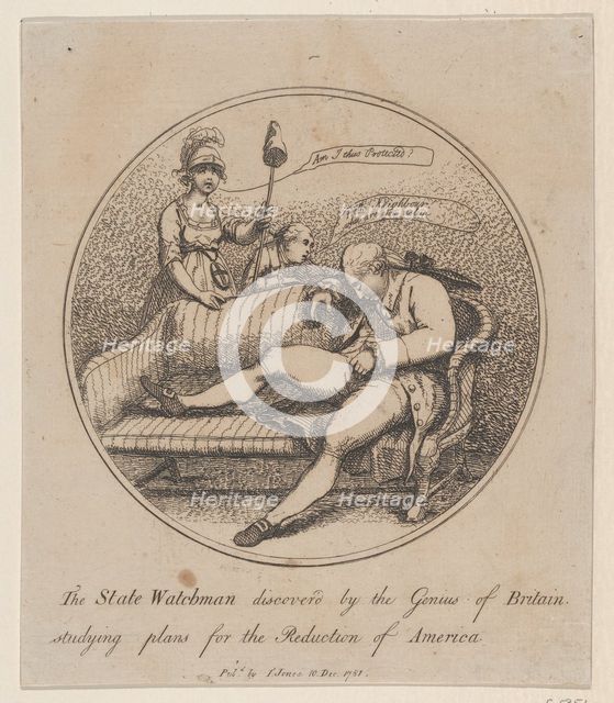 The State Watchman Discovered by the Genius of Britain Studying Plans for the..., December 10, 1781. Creator: Thomas Rowlandson.