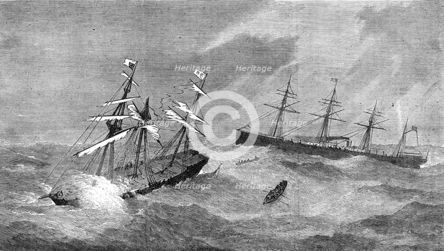 The steam-ship Baltic rescuing the crew of the Assyria during a storm in the Atlantic, 1872. Creator: Unknown.