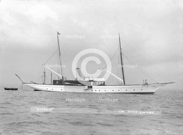 The steam yacht 'Titania' at anchor, 1914. Creator: Kirk & Sons of Cowes.