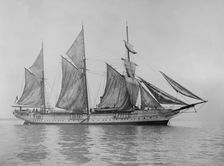 The steam yacht Wanderer (later named Vagus') hoisting sails. Creator: Kirk & Sons of Cowes