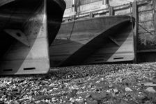 The stern boards of Thames barges, 1937. Artist: SW Rawlings