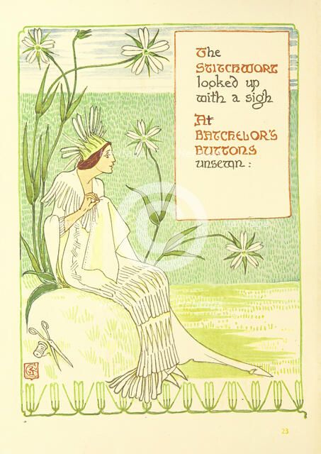 The Stitchwort looked up with a sigh At the Batchelor's Buttons unsewn;, 1899.  Creator: Walter Crane.