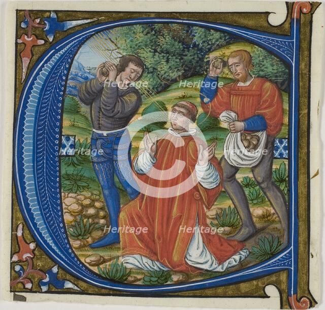 The Stoning of Saint Stephen in a Historiated Initial "A" or "C" from a Gradual, c. 1500. Creator: Unknown.