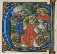 The Stoning of Saint Stephen in a Historiated Initial "A" or "C" from a Gradual, c. 1500. Creator: Unknown