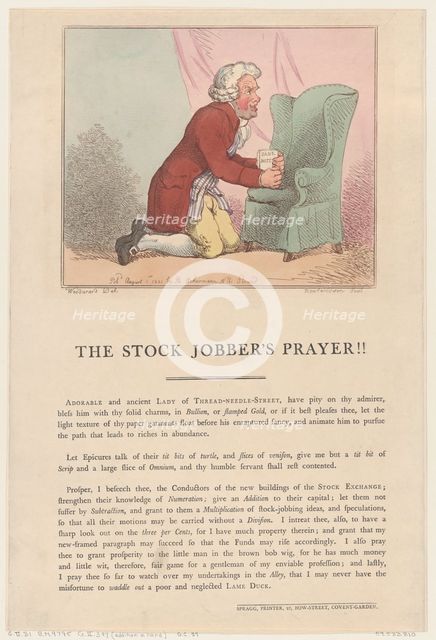 The Stock Jobber's Prayer!!, August 1, 1801., August 1, 1801. Creator: Thomas Rowlandson.