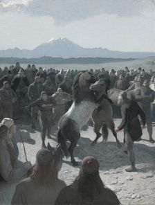 The Story of Burnt Njáll: The Horse-Fight at Hliðarendi, 1880s. Creator: Malmström, August (1829-1901)