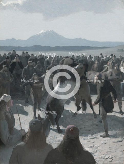 The Story of Burnt Njáll: The Horse-Fight at Hliðarendi, 1880s. Creator: Malmström, August (1829-1901).