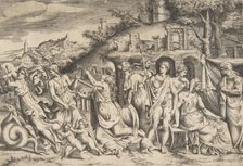 The story of Jason and Medea at the left she carries off her son, in the middle she is ..., 1531-76. Creator: Giulio Bonasone