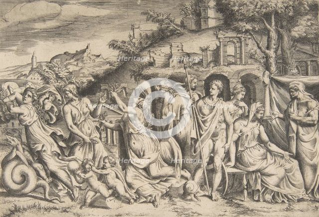 The story of Jason and Medea at the left she carries off her son, in the middle she is ..., 1531-76. Creator: Giulio Bonasone.