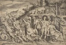 The story of Jason and Medea at the left she carries off her son, in the middle she is ..., 1531-76. Creator: Giulio Bonasone