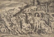 The story of Jason and Medea at the left she carries off her son, in the middle she is ..., 1531-76. Creator: Giulio Bonasone