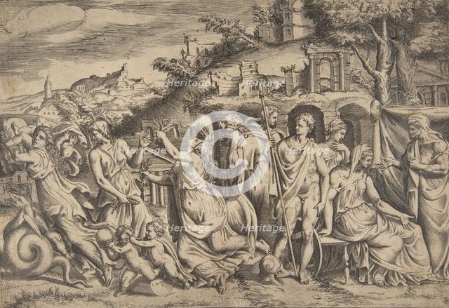 The story of Jason and Medea at the left she carries off her son, in the middle she is ..., 1531-76. Creator: Giulio Bonasone.