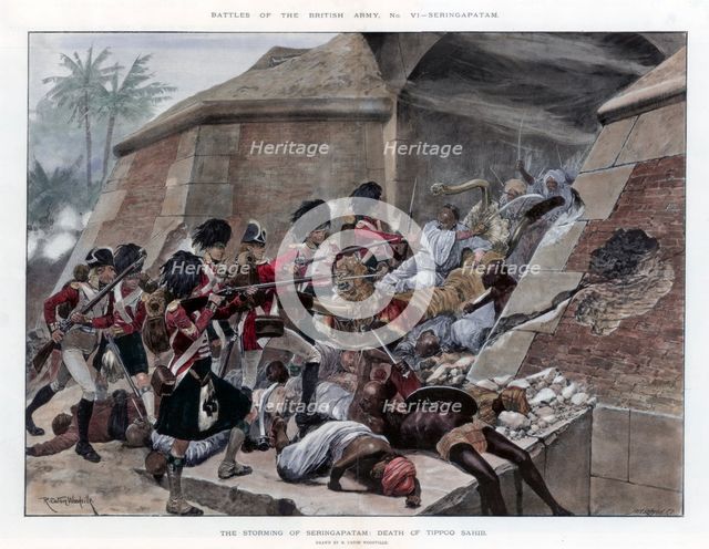 The storming of Seringapatam resulting in the death of Tippu Sultan, 1894.Artist: Richard Caton Woodville II