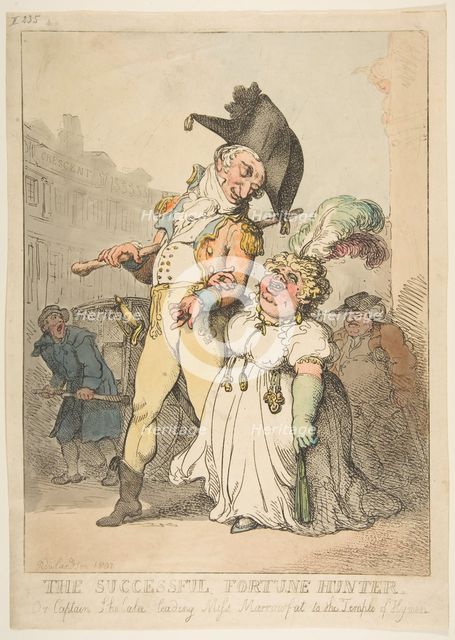 The Successful Fortune Hunter, or Captain Shelalee Leading Miss Marrowfat to the Temple of..., 1802. Creator: Thomas Rowlandson.