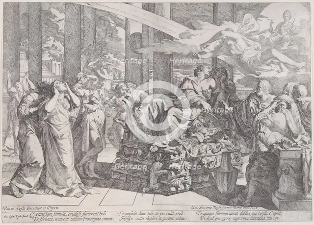The suicide of Dido who reclines on a pyre in centre, surrounded by many figures, 1650-55. Creator: Giovanni Cesare Testa.