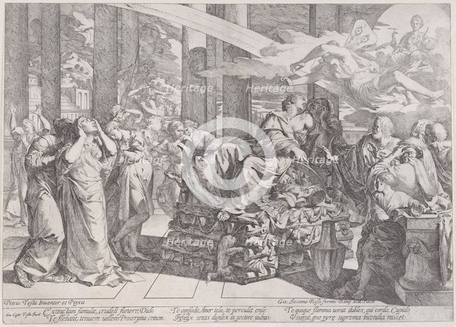 The suicide of Dido who reclines on a pyre in centre, surrounded by many figures, 1650-55. Creator: Giovanni Cesare Testa.