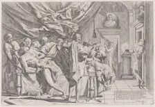 The suicide of the philosopher Cato, who lies on his bed pulling out his innards watched b..., 1648. Creator: Pietro Testa