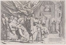 The suicide of the philosopher Cato, who lies on his bed pulling out his innards watched b..., 1648. Creator: Pietro Testa