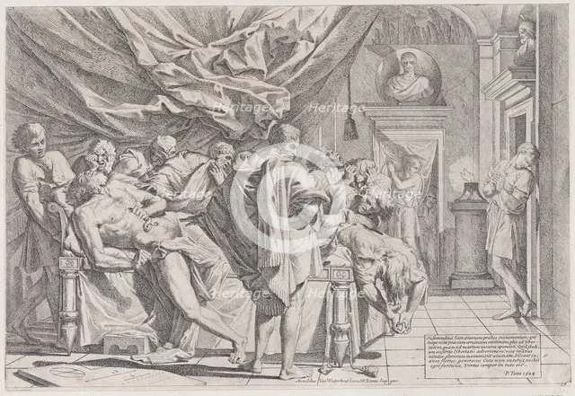 The suicide of the philosopher Cato, who lies on his bed pulling out his innards watched b..., 1648. Creator: Pietro Testa.