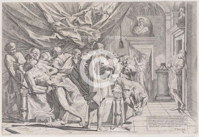 The suicide of the philosopher Cato, who lies on his bed pulling out his innards watched b..., 1648. Creator: Pietro Testa.