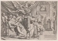 The suicide of the philosopher Cato, who lies on his bed pulling out his innards watched b..., 1648. Creator: Pietro Testa