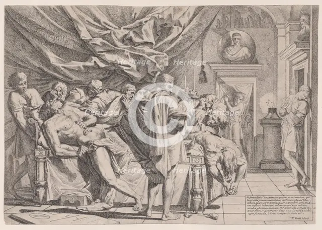 The suicide of the philosopher Cato, who lies on his bed pulling out his innards watched b..., 1648. Creator: Pietro Testa.