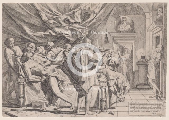 The suicide of the philosopher Cato, who lies on his bed pulling out his innards watched b..., 1648. Creator: Pietro Testa.