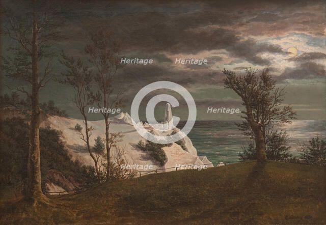 The "Summer Spire" on the Chalk Cliffs of the Island of Mon, Moonlight, 1831. Creator: Frederik Hansen Sodring.