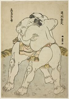 The Sumo Wrestlers Uzugafuchi Kandayu and Takasaki Ichijuro, Japan, 1783-84. Creator: Hokusai