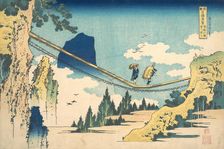 The Suspension Bridge on the Border of Hida and Etchu Provinces (Hietsu no sakai tsuri..., ca. 1830. Creator: Hokusai
