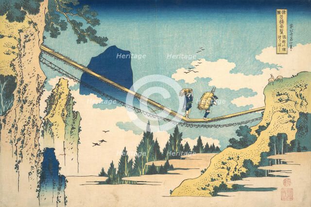 The Suspension Bridge on the Border of Hida and Etchu Provinces (Hietsu no sakai tsuri..., ca. 1830. Creator: Hokusai.