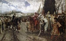 The surrender of Granada between the Catholic Kings and Boabdil in 2nd January 1492. Oil of 1832