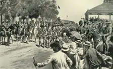 The Surrender of Kroonstadt: Troops Marching Past Lord Roberts and Staff 1901. Creator: Samuel Begg
