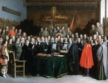 The Swearing of the Oath of Ratification of the Treaty of Münster 1648. Artist: Gerard Terborch II