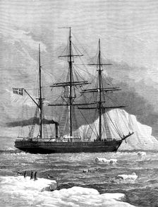 The Swedish Arctic exploring ship Vega among icebergs, 1880. Creator: Unknown
