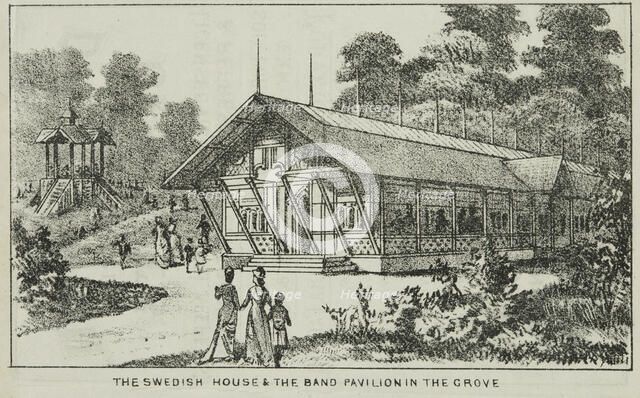 The Swedish House and the Band Pavilion in the Grove at Alexandra Palace
, 19th century. Creator: Unknown.