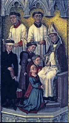 The sacrament of the confirmation detail of the Crucifixion triptych, work by van der Stock