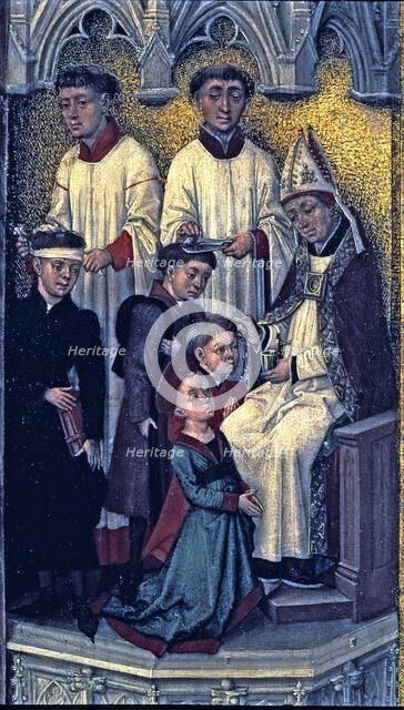 The sacrament of the confirmation', detail of the Crucifixion triptych, work by van der Stock.