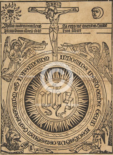 The Sacred Monogram with the Symbols of the Evangelists and the Crucifixion (Schr...., 15th century. Creator: Anon.