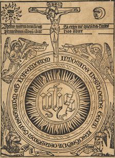 The Sacred Monogram with the Symbols of the Evangelists and the Crucifixion (Schr...., 15th century. Creator: Anon